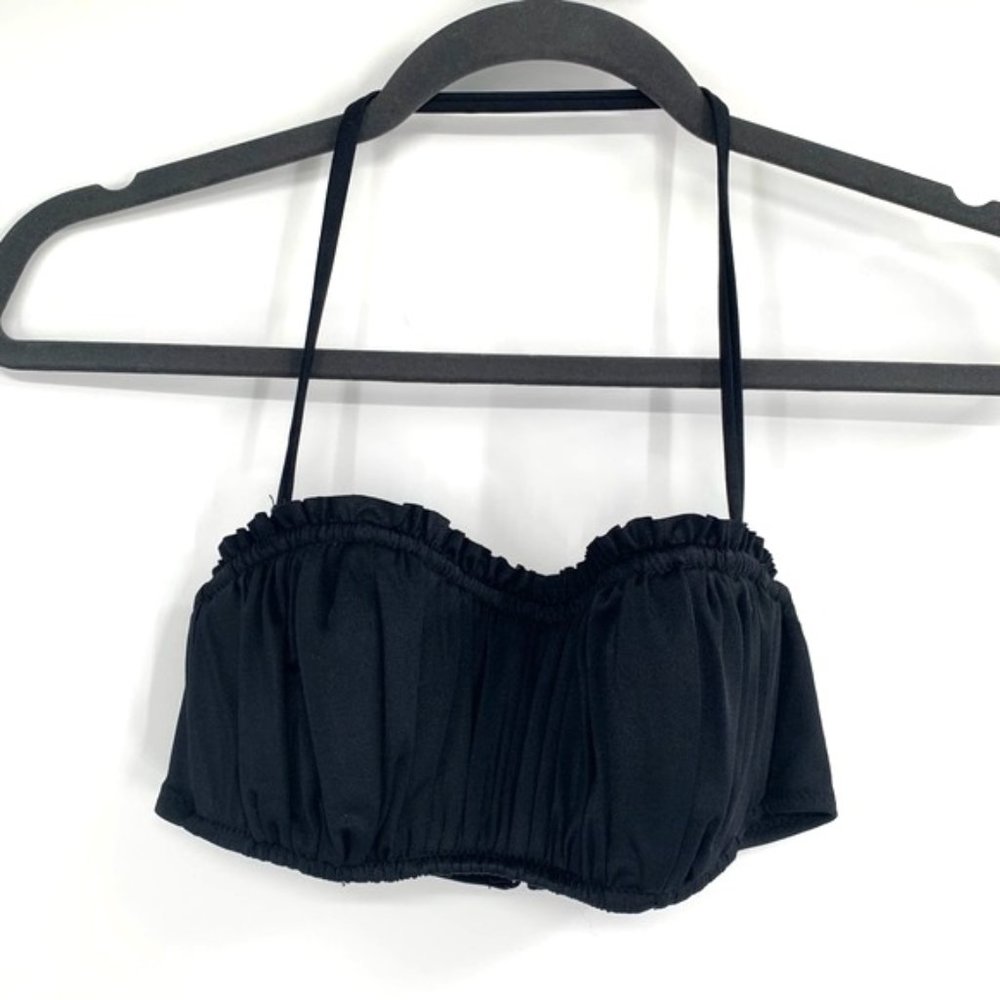J.CREW Bikini Top Black Bandeau Halter Ruched Ruffle Trim Swim Swimsuit XS